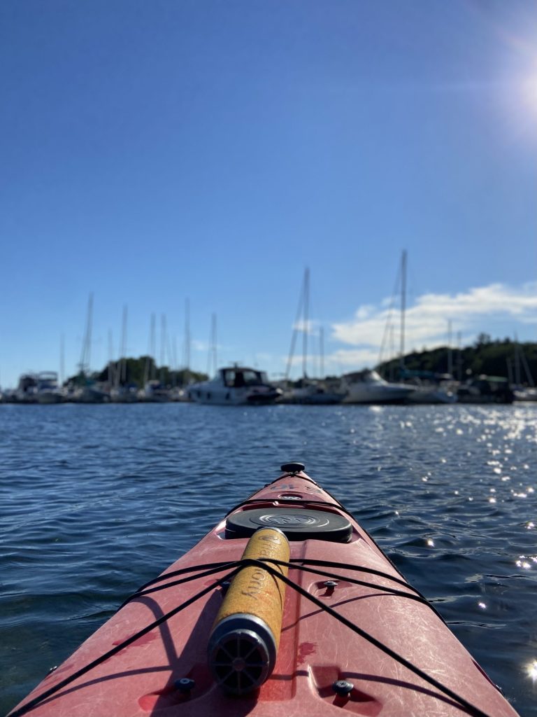 A red kayak in Gananoque Marina.