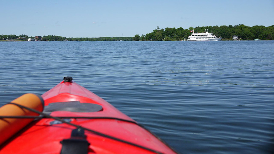 A red kayak in the 1000 Islands.