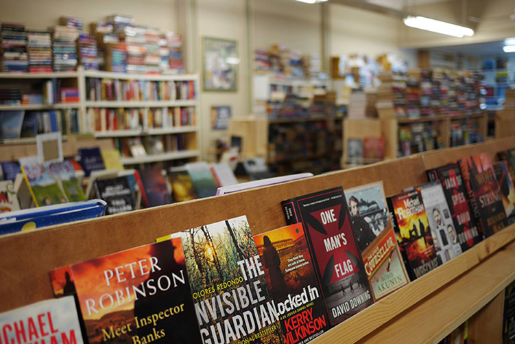 Bookshelves inside a bookstore. 