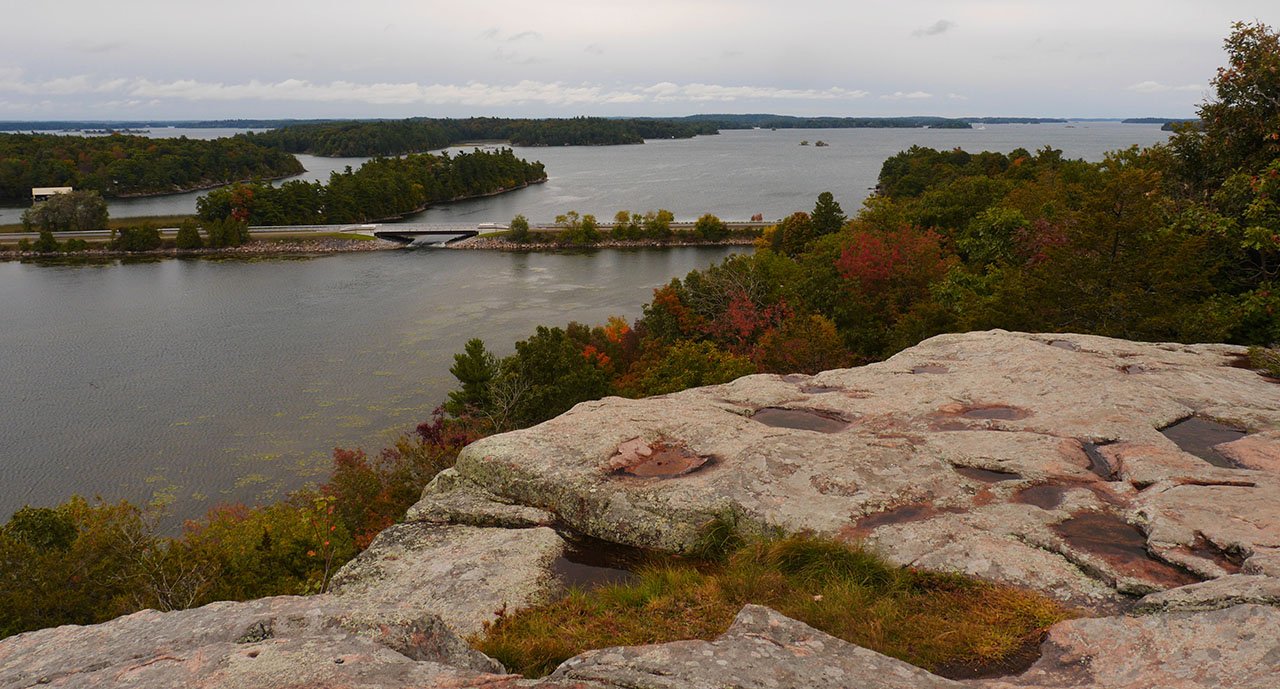 A view from a scenic lookout over the St. Lawrence River.