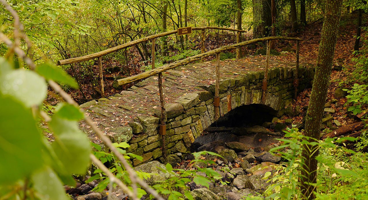 A stone bridge crossing a river in the middle of the woods.