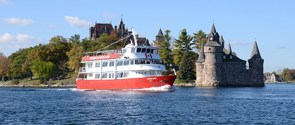 A Rockport Cruises boat sails in front of Boldt Castle.