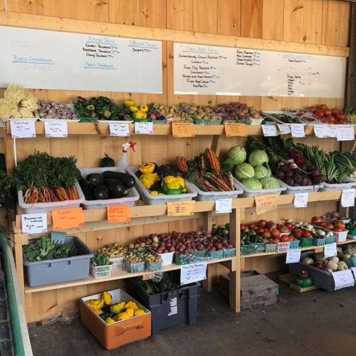 A produce stand with fresh vegetables.