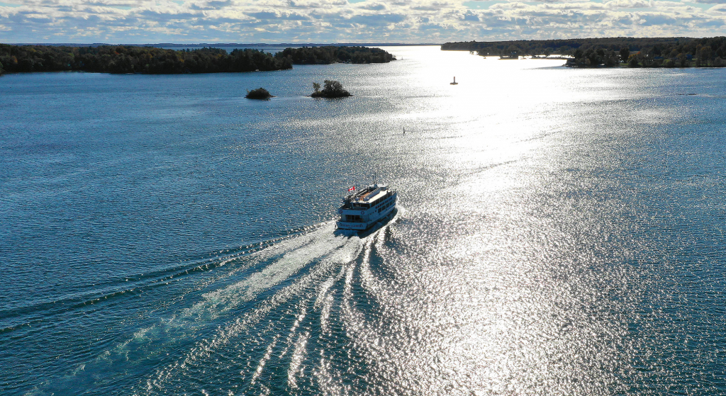 A cruise ship makes it way down the St. Lawrence River.